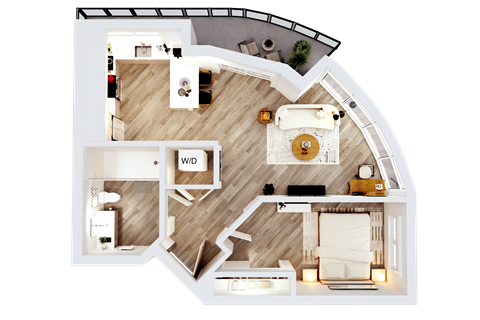Floor plan for 1 bed, 1 bath, 641 sqft